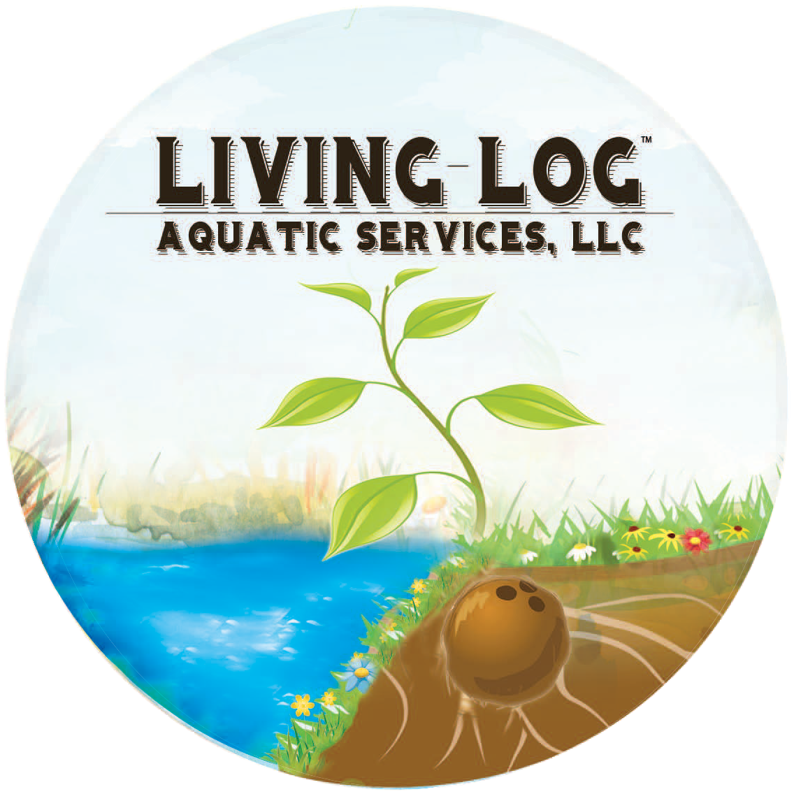 Logo of Living Log Aquatic Services, LLC featuring a plant sprouting near a water body, with roots extending into the soil. The background includes greenery, wildflowers, and the edge of a waterway. The company name is displayed in bold, stylized letters above the image.